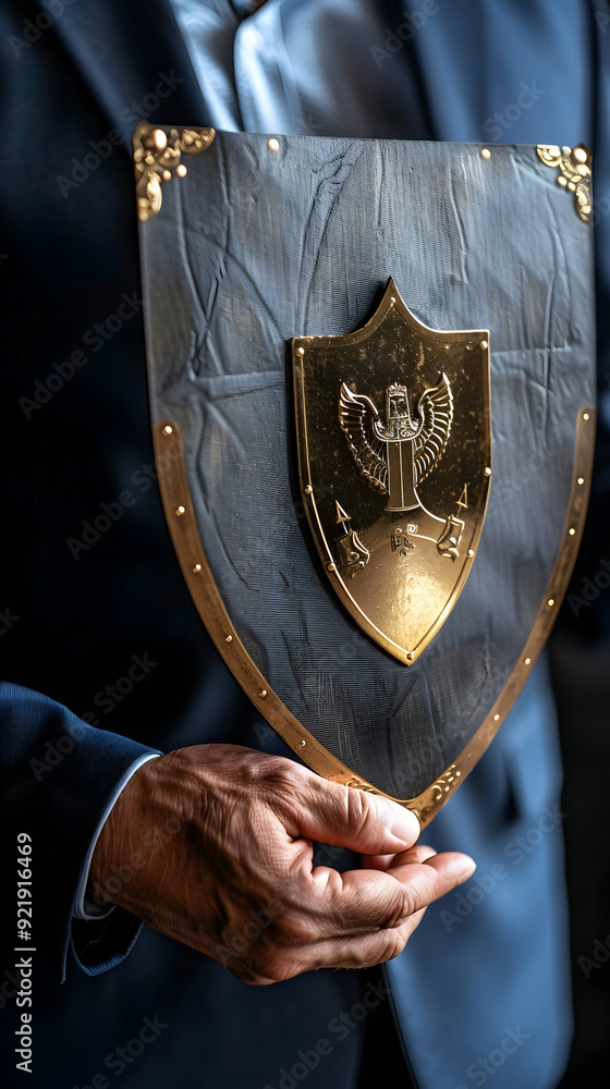 Poster policy advisor with document and shield on dreamy background symbolizing iso27001 compliance