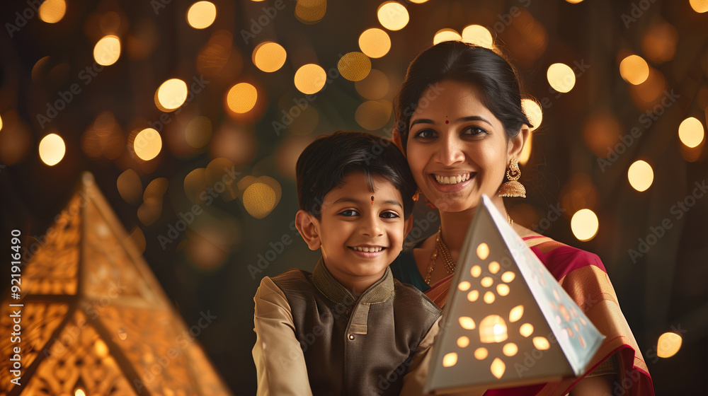 Poster indian mother and son wearing saree and kurta, diwali festival celebration