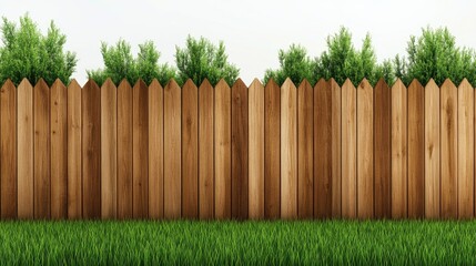 A picturesque wooden fence adorned with lush greenery stands proudly against a pristine white background surrounded by serene tranquility