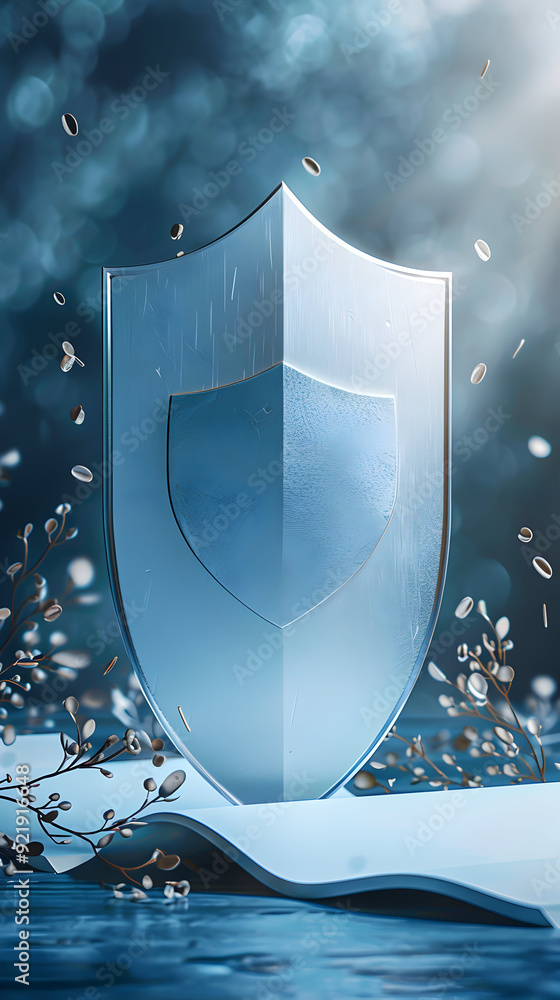 Poster policy maker with document and shield on whimsical background photo realistic image symbolizing poli