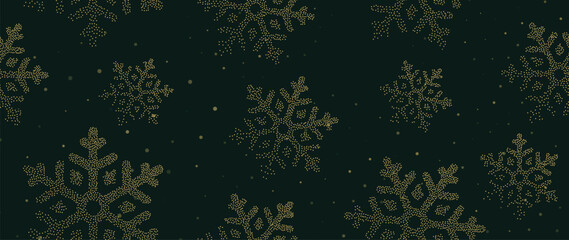 Luxury christmas and happy new year concept background vector. Elegant glittering gold snowflake decorated with spot texture on dark green bokeh background. Design for wallpaper, card, banner.