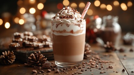 Decadent Hot Chocolate Topped with Whipped Cream and Chocolate Shavings, Surrounded by Pinecones and Festive Bokeh Lights