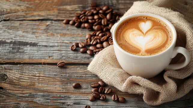 Cup of coffee latte and coffee beans in burlap sack on old wooden background