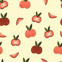 Seamless Pattern of Apples. Fruits on Light Yellow Grid Background.