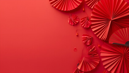 Chinese New Year celebration concept. Banner design with red paper fans decorations on red background with copy space