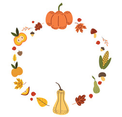 Autumn vegetable wreath. Round frame with pumpkins, apples, corn and fall leaves. Harvest celebration. Vector flat illustration.