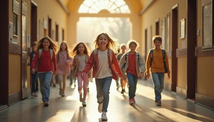 Fototapeta premium In a sunlit corridor of a middle school, excited students rush out of classrooms, capturing youthful enthusiasm and dynamic energy.