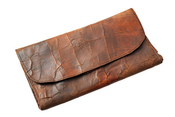 Handcrafted Leather Wallet Displayed on a Rustic Wooden Surface in Soft Natural Light on White or PNG Transparent Background.