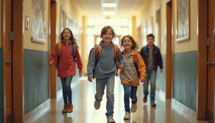 Fototapeta premium In a sunlit corridor of a middle school, excited students rush out of classrooms, capturing youthful enthusiasm and dynamic energy.