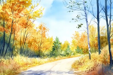 Fototapeta premium Beautiful autumn landscape with a winding road surrounded by vibrant fall foliage and clear blue sky, perfect for seasonal and nature themes.