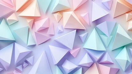 Fototapeta premium Triangles in pastel hues, soft colors of lavender, mint, and peach, randomly arranged, hd quality, light and whimsical feel, delicate and airy. --ar 16:9 --v 6.0 --s 250 --style raw