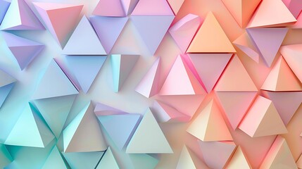 Obraz premium Triangles in pastel hues, soft colors of lavender, mint, and peach, randomly arranged, hd quality, light and whimsical feel, delicate and airy. --ar 16:9 --v 6.0 --s 250 --style raw