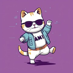 Adorable Pastel Kitten Illustration: A Playful, Dancing Feline Cartoon with a Vibrant, Colorful Background, Showcasing a Cute Kitty with Swag and Singing Charms in Soft, Gentle Hues