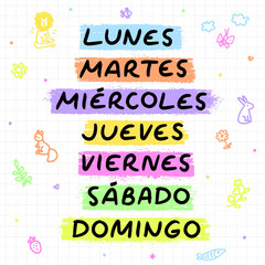 Handwritten names of the days of the week in Spanish. Monday, tuesday etc. Días de la semana en español. Lunes, martes and ets. Vector calligraphy words for calendars and organizers