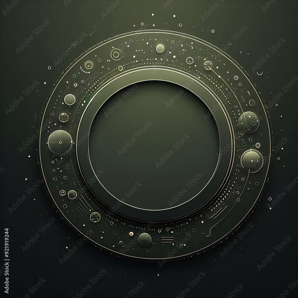 Poster a gold and black circle with many small circles inside it. the circles are of different sizes and ar