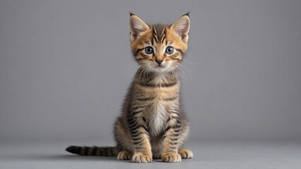 Little kitten sitting looking at the camera. gray background.