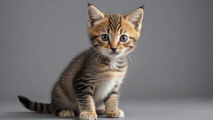 Little kitten sitting looking at the camera. gray background.