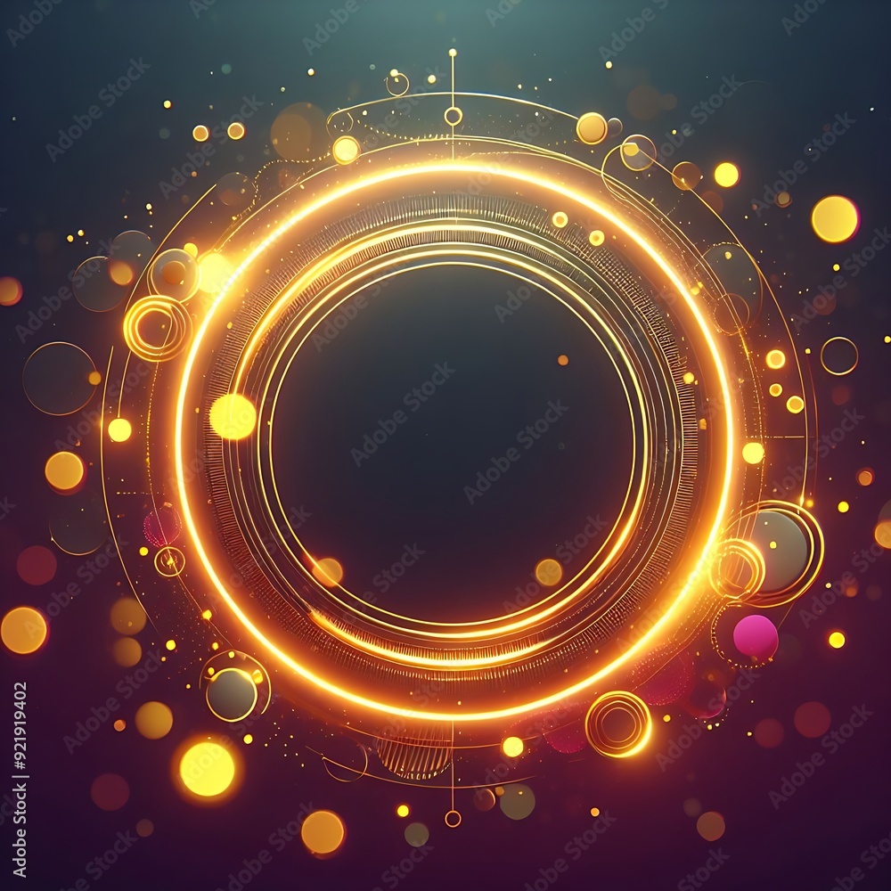 Poster a circle of glowing circles with a black center. the circles are of different sizes and colors, and 