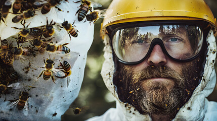 A series of close-up portraits of beekeepers, with protective gear and bees hovering around, capturing the delicate relationship between human and nature.


