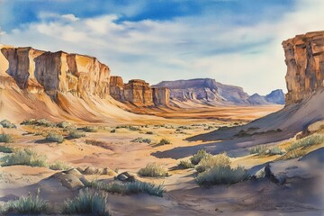 Beautiful desert landscape with rocky cliffs and sparse vegetation under a bright, blue sky with scattered clouds.