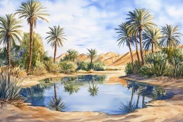 Obraz premium Beautiful desert oasis landscape with palm trees, clear blue water, and sandy terrain under a bright, blue sky with scattered clouds.