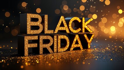 Black bokeh golden glitter, banner background for black friday. Horizontal banner, poster, website header. Banner with copy space.