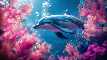 Obraz premium colorful baby dolphin print illustration on coral background