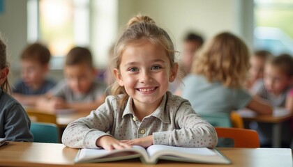 Fototapeta premium In a bright classroom, an elementary student smiles warmly at their desk, surrounded by engaged classmates in a cozy setting.