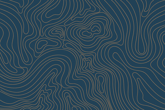 Abstract luxury topographic map background. Gold topographic lines on a dark blue background