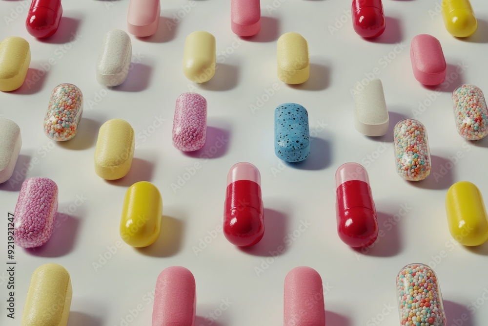 Poster a whimsical array of colorful pills and capsules with unique patterns