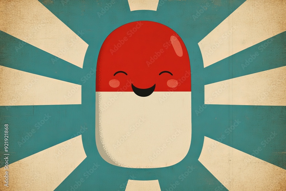 Poster retro style pill character with a smiling face against a sunburst background