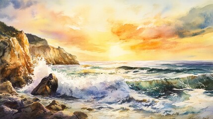 Obraz premium Beautiful sunset over a rocky coastline with crashing waves, vibrant skies, and a serene seascape. Perfect for nature and ocean enthusiasts.