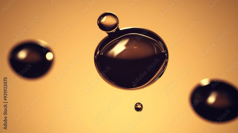 Poster a close-up of floating dark liquid droplets against a warm background, showcasing fluid dynamics and