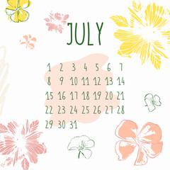 Wall monthly calendar in flat art. Calendar design for the month of July. Simple monthly square cute calendar planner minimal style. I have all the other months in my portfolio. Vector illustration