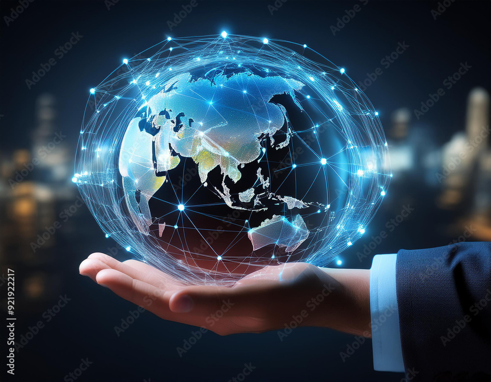 Poster 3d rendering of businessman holding global network and data exchange on earth