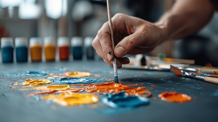 Close-up of Artist Hand with Paintbrush and Palette.