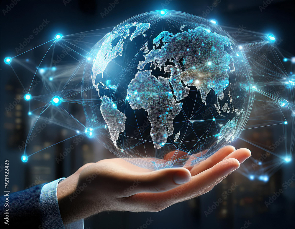 Poster 3d rendering of businessman holding global network and data exchange on earth