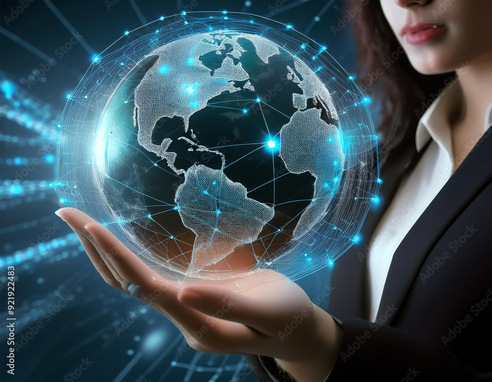 Poster 3d rendering of businessman holding global network and data exchange on earth