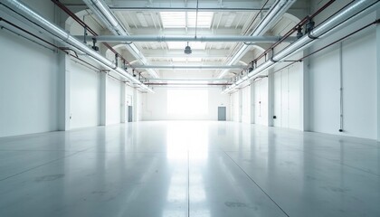 Obraz premium Inside a vast, empty factory, soft white tones and industrial pipes create an airy ambiance, with light reflecting off the shiny floor.