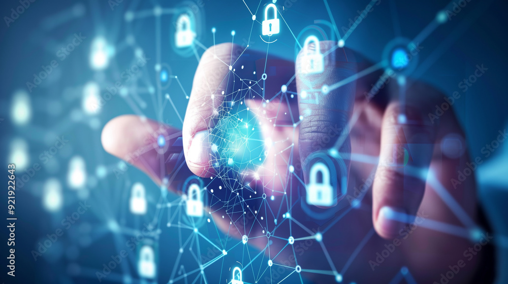 Poster concept of identity and access management with visual elements like secure login screens, biometric authentication, and role-based access controls, secure user management. digital cyber security 