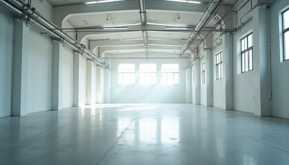 Fototapeta premium Inside a vast, empty factory, soft white tones and industrial pipes create an airy ambiance, with light reflecting off the shiny floor.