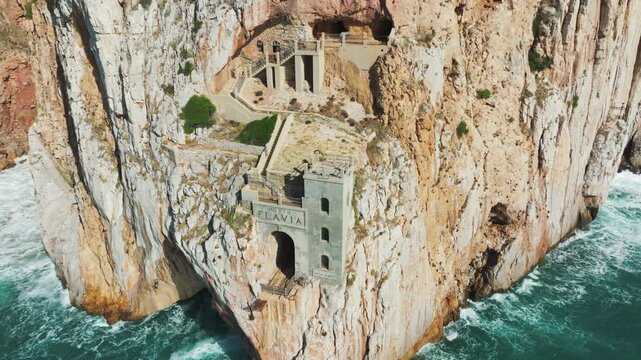 Aerial Panorama of Porto Flavia: Sardinia&rsquo;s Historic Mining Port on a Spring Day. Italy.