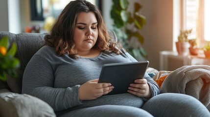Woman Relaxing on Sofa with Tablet and Blanket