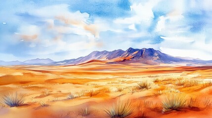 Obraz premium Beautiful watercolor painting of a serene desert landscape with mountains in the background and a vibrant blue sky.