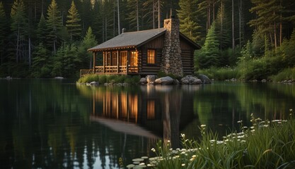 Obraz premium Serene Lakeside Log Cabin Retreat