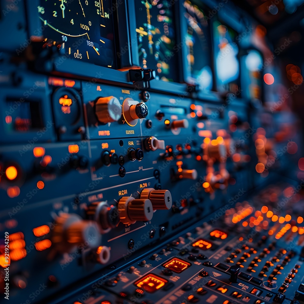 Poster intricate airplane control panel with buttons knobs and digital displays