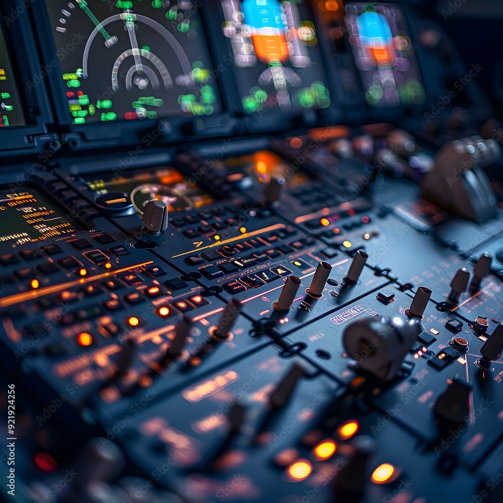 Poster intricate airplane cockpit dashboard with advanced avionics and controls