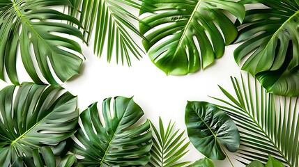 A creative composition of tropical leaves, such as banana, palm, and monstera leaves, arranged in an artistic pattern on a white background. Vivid greens, high contrast, detailed textures, hd quality,