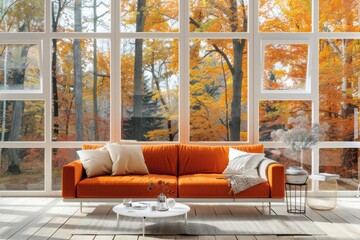 Cozy living room with an orange sofa and large windows overlooking autumn foliage