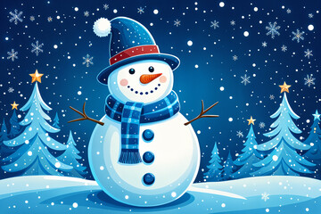 Fototapeta premium Cartoon snowman standing on a snowy surface, surrounded by Christmas trees and falling snowflakes.